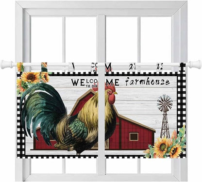 Farmhouse Rooster Kitchen Curtains 36 Inch Length, Small Window Curtains Tab Top, Rustic Red Barn Windmill Sunflowers Light Filtering Short Window Treatments Tier Drapes 27.5"x36" 2 Panel