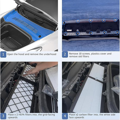 Tesla Model Y Front Trunk HEPA Carbon Air Filters Kit - (2x HEPA filters and 2x Carbon filters per package) - 4 packs per package with installation tools