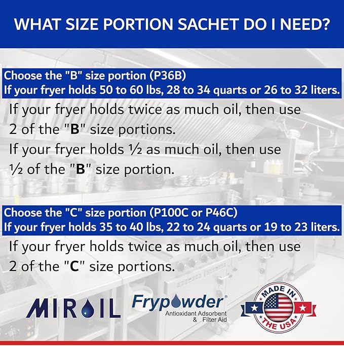 MirOil P46C Fry Powder Oil Stabilizer and Filter Aid, 46 x Size C Portion Pack(160ML Each) Fry Powder, Food Centers Cook Hotter, Deep Fryer Cooking Oil Saver Helps Save Grease & Remove Carbon Deposits