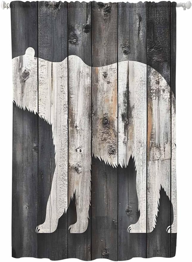 Sheer Curtains 72 Inches Long, White Brown Bear Semi Sheer Curtains Light Filtering Window Treatment, Farmhouse Country Vintage Wood Grain Privacy Voile Drapes for Living Room Bedroom 52x72 Inch