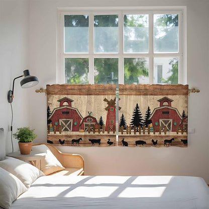 Brown Farmhouse Tier Curtains, Vintage Country Animals Wooden Grain Light Filtering Kitchen Curtains, 2Pcs Rod Pocket Half Window Treatments Panels for Sink Cafe Cabinet Camper 27.5x24 Inches