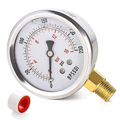 0-230 Psi Glycerin Liquid Filled Pressure Gauge, 2.5" Dial Size, 1/4" NPT Lower Mount, 304 Stainless Steel Case, for Pool Pump Sand Filter Air Compressor, Water Oil Air Pressure Test