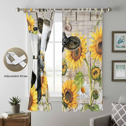 Yellow Sunflowers Living Room Curtains 84 Inch Length, Window Curtains Tab Top, Farmhouse Cow Barn Doors Floral Butterfly Light Filtering Window Treatments Drapes 52"x84" 2 Panel