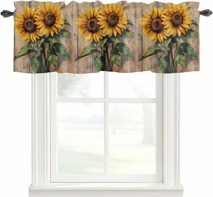 Kitchen Valances for Window, Watercolor Sunflower Retro Board Light Filtering Rod Pocket Valance Curtain, Farm Brown Wood Grain Short Curtains Window Topper for Bedroom Bathroom Living Room 42x12in