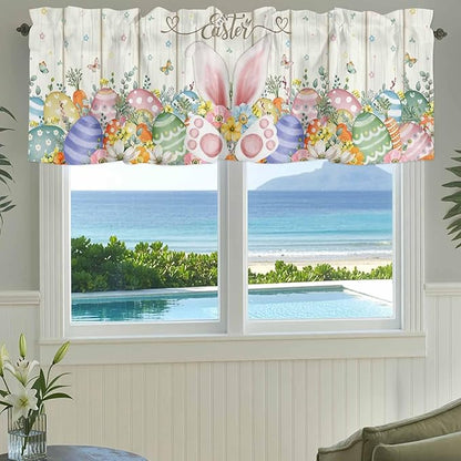 Happy Easter Curtain Valances for Windows, Kitchen Valance Window Treatment, Spring Colorful Eggs Rabbit Ear Feet Flowers Light Filtering Block Curtains for Bathroom/Bedroom/Living Room 42'' x 18''