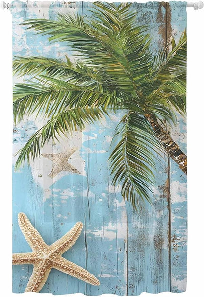 Sheer Curtains 84 Inches Long, Coastal Beach Blue Semi Sheer Curtains Light Filtering Window Treatment, Tropical Coconut Tree Vintage Wood Grain Privacy Voile Drapes for Living Room Bedroom 52x84 Inch
