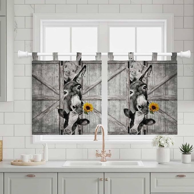Funny Farm Animals Kitchen Curtains 36 Inch Length, Small Window Curtains Tab Top, Vintage Barn Grey Sunflowers Light Filtering Short Window Treatments Tier Drapes 27.5"x36" 2 Panel