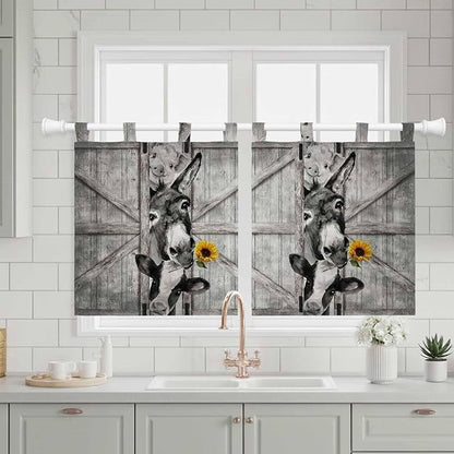 Funny Farm Animals Kitchen Curtains 36 Inch Length, Small Window Curtains Tab Top, Vintage Barn Grey Sunflowers Light Filtering Short Window Treatments Tier Drapes 27.5"x36" 2 Panel