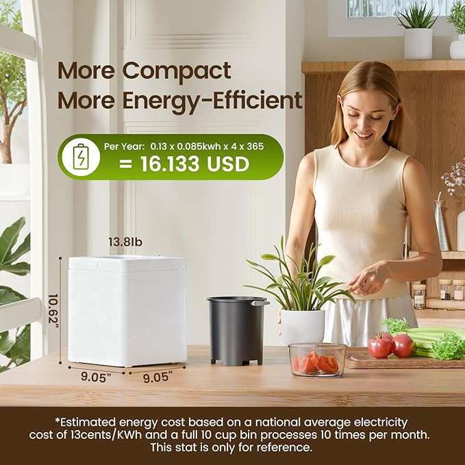 TOPZEE Electric Compost Bin for Kitchen - 3L Countertop Composter with Odorless Auto-Cleaning, Turns Food Waste to Fertilizer in 4 Hours, for Indoor Home Use, White