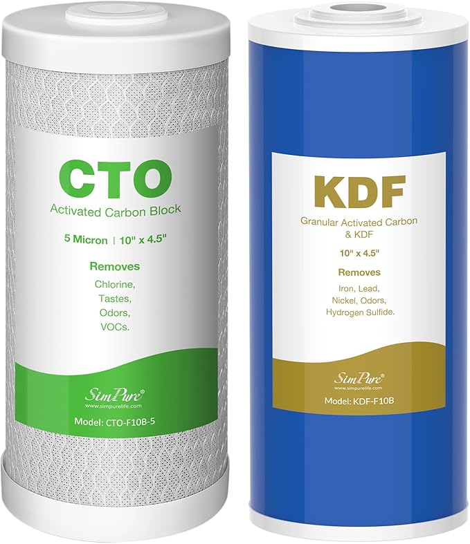 SimPure Whole House Water Filter Cartridges 5 Micron 10" x 4.5" CTO+GAC/KDF 2-Stage Carbon and Heavy Metal Filter Set, for DB10C-2KDF, DB10P, WGB21B-KS, FC15B, FG15B-KS, 1 Set