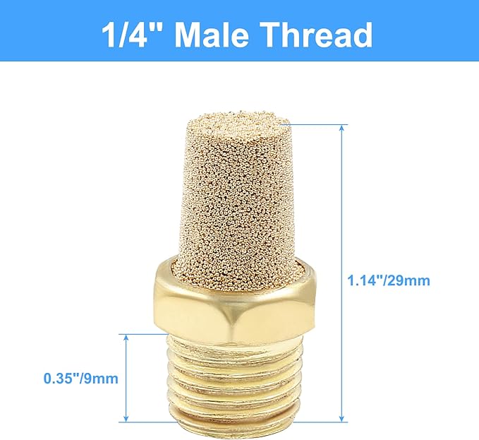 10 Pack 1/4" Male Thread Pneumatic Brass Exhaust Muffler Filter Air Pneumatic Mufflers Air Line Fitting Hex Sintered Silencer