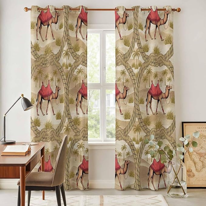 2 Panel Kitchen Cafe Curtains, Desert Camels Sunlight Filtering Nature Air Through, Home Decor Window Covering Tier Curtains for Living Room 80W x 84L inch Tropical Palm Trees Sand Cords Brown