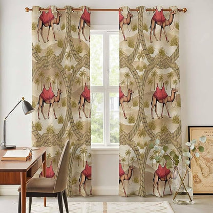 2 Panel Kitchen Cafe Curtains, Desert Camels Sunlight Filtering Nature Air Through, Home Decor Window Covering Tier Curtains for Living Room 104W x 90L inch Tropical Palm Trees Sand Cords Brown