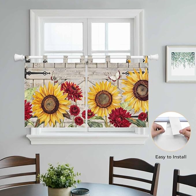 Red Yellow Sunflowers Kitchen Curtains 36 Inch Length, Small Window Curtains Tab Top, Retro Rustic Barn Doors Butterfly Brown Light Filtering Short Window Treatments Tier Drapes 27.5"x36" 2 Panel