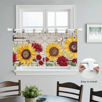 Red Yellow Sunflowers Kitchen Curtains 24 Inch Length, Small Window Curtains Tab Top, Retro Rustic Barn Doors Butterfly Brown Light Filtering Short Window Treatments Tier Drapes 27.5"x24" 2 Panel