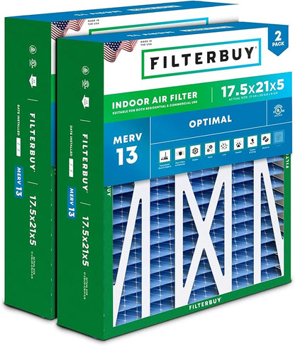 Filterbuy 17.5x21x5 Air Filter MERV 13 Optimal Smoke & Allergy Defense (2-Pack), Electrostatic Pleated HVAC AC Furnace Filters for Rheem, Ruud, and Protech (Actual Size: 17.13 x 20.63 x 4.38)