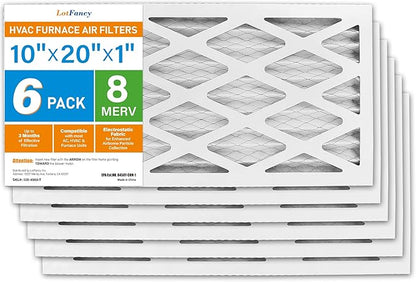 LotFancy 10x20x1 Air Filter MERV 8 6-Pack, Electrostatic Pleated Furnace & AC Filter, Captures Dust, Pet Hair, Pollen, Actual Size: 9.75"x19.75"x0.75"