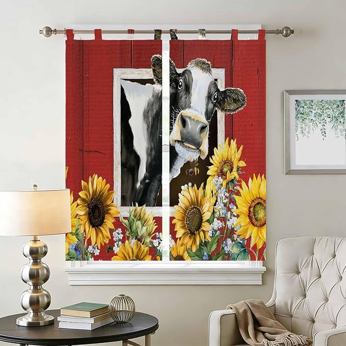 Cows Sunflowers Bedroom Curtains 72 Inch Length, Window Curtains Tab Top, Spring Botanical Floral Bees Red Barn Light Filtering Window Treatments Drapes 52"x72" 2 Panel