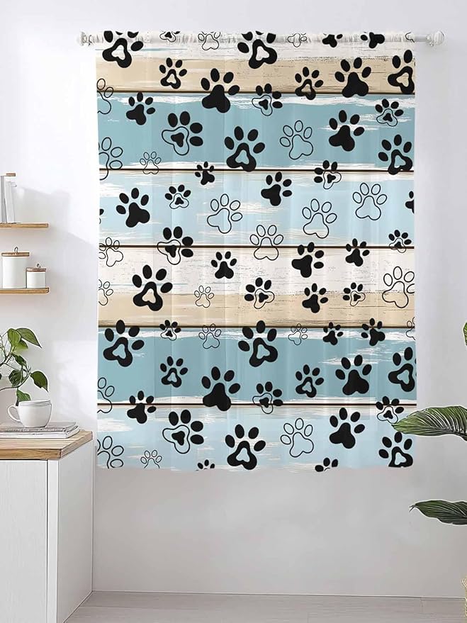 Sheer Curtains 72 Inches Long, Blue Beige Paw Print Semi Sheer Curtains Light Filtering Window Treatment, Vintage Farmhouse Country Wood Grain Privacy Voile Drapes for Living Room Bedroom 52x72 Inch