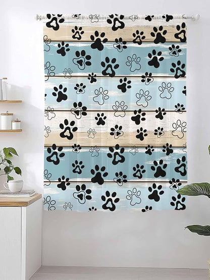 Sheer Curtains 63 Inch Length, Blue Beige Paw Print Semi Sheer Curtains Light Filtering Window Treatment, Vintage Farmhouse Country Wood Grain Privacy Voile Drapes for Living Room Bedroom 52x63 Inch