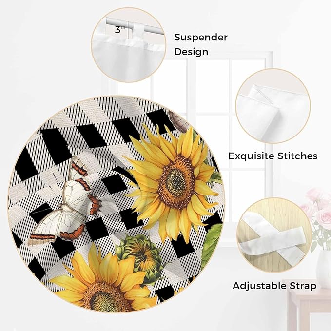 Sunflowers Bedroom Curtains 63 Inch Length, Window Curtains Tab Top, Yellow Flowers Butterfly Farmhouse Black Plaid Light Filtering Window Treatments Drapes 42"x63" 2 Panel