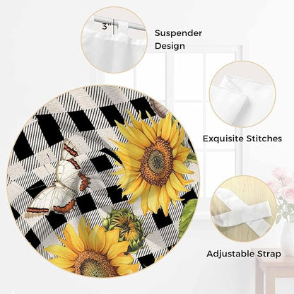 Sunflowers Bedroom Curtains 63 Inch Length, Window Curtains Tab Top, Yellow Flowers Butterfly Farmhouse Black Plaid Light Filtering Window Treatments Drapes 42"x63" 2 Panel