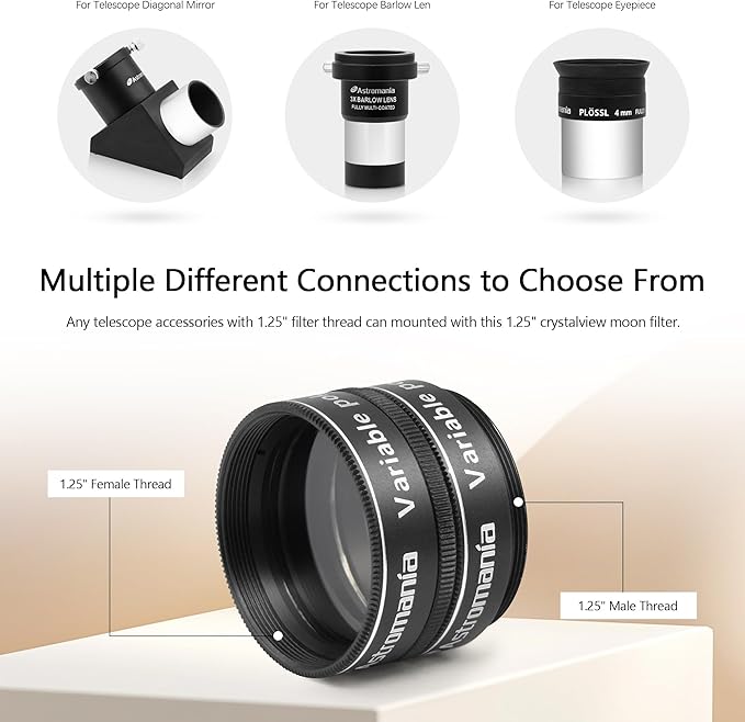 Astromania Telescope Filter, 1.25 Inch Variable Grey Polarizing Filter, Variable Polarizing Moon Filter for Astronomy Telescope & Eyepiece, Telescope Accessory with Adjustable 1-40% Light Transmission