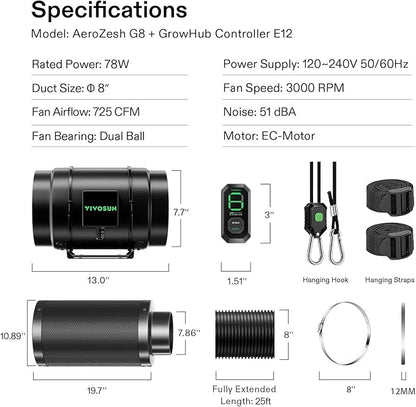 VIVOSUN Smart Air Filtration G8 Kit 8", AeroZesh G8 Inline Duct Fan with E12 Speed Controller, Carbon Filter & 25' Ducting, Cooling & Ventilation System for Grow Tents, Indoor Gardening, Hydroponics