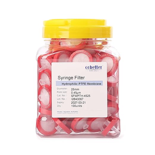 100 Pack Syringe Filter PTFE hydrophilic Lab Filters 0.45μm Pore Size 25mm Diameter Filtration Non-sterile Red