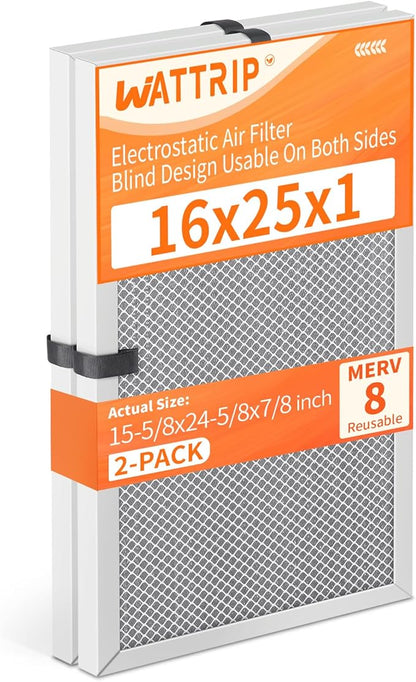 2-Pack 16x25x1 MERV 8 Reusable & Washable Electrostatic Air Filters - Long-Lasting Filter for HVAC, Furnace & Air Conditioner Units, Actual Size: 15-5/8” x 24-5/8” x 7/8”