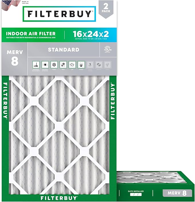Filterbuy 16x24x2 Air Filter MERV 8 Essential Dust & Allergy Defense (2-Pack), Electrostatic Pleated HVAC AC Furnace Filters Replacement, Made in USA (Actual Size: 15.38 x 23.38 x 1.75)