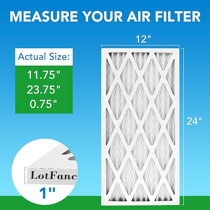 LotFancy 12x24x1 Air Filter MERV 8 4-Pack, Electrostatic Pleated Furnace & AC Filter, Captures Dust, Pet Hair, Pollen, Actual Size: 11.75"x23.75"x0.75"