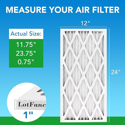 LotFancy 12x24x1 Air Filter MERV 8 4-Pack, Electrostatic Pleated Furnace & AC Filter, Captures Dust, Pet Hair, Pollen, Actual Size: 11.75"x23.75"x0.75"