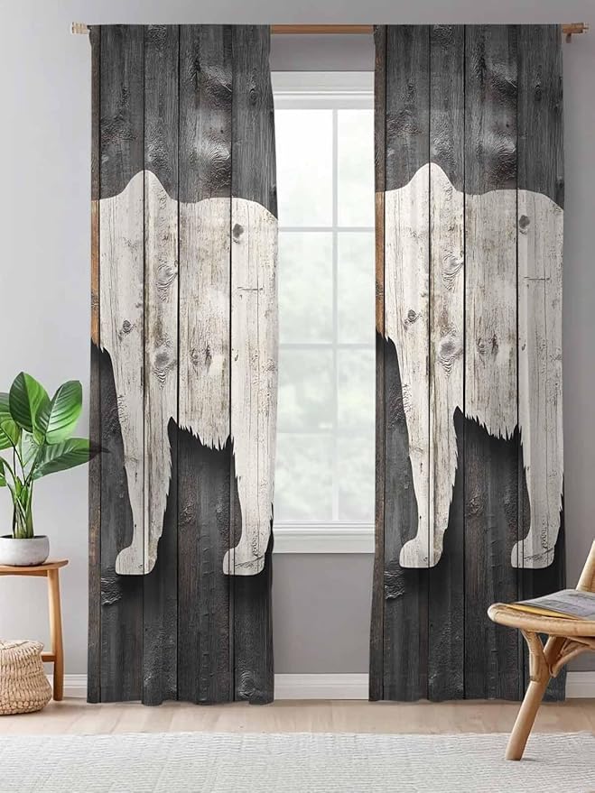 Sheer Curtains 84 Inches Long, Vintage White Brown Bear Semi Sheer Curtains Light Filtering Window Treatment, Retro Country Rustic Wood Grain Privacy Voile Drapes for Living Room Bedroom 52x84 Inch