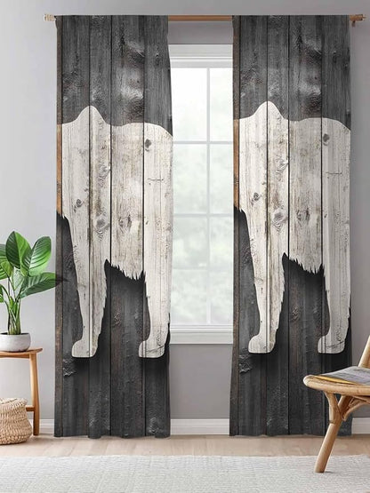 Sheer Curtains 84 Inches Long, Vintage White Brown Bear Semi Sheer Curtains Light Filtering Window Treatment, Retro Country Rustic Wood Grain Privacy Voile Drapes for Living Room Bedroom 52x84 Inch