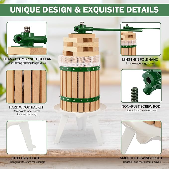 CAELUM Fruit Wine Press, 4.75 Gallon Wood Fruit and Cider Press Squeezer With T-Handle, Juice Maker, Wine Making Press Squeezer for Outdoor, Kitchen（Green）