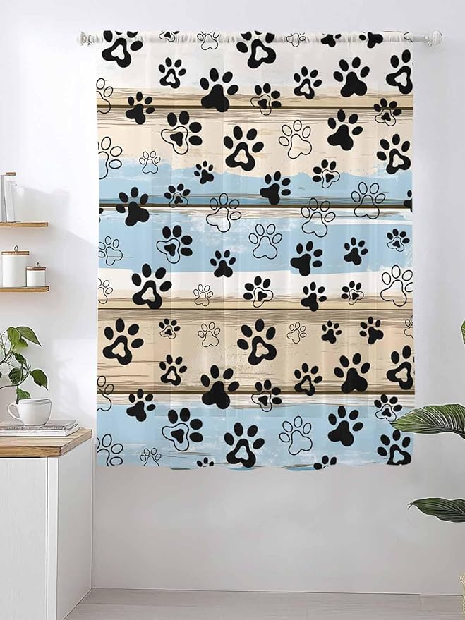 Sheer Curtains 72 Inches Long, Blue Dog Paw Print Semi Sheer Curtains Light Filtering Window Treatment, Vintage Farmhouse Rustic Wooden Grain Privacy Voile Drapes for Living Room Bedroom 52x72 Inch