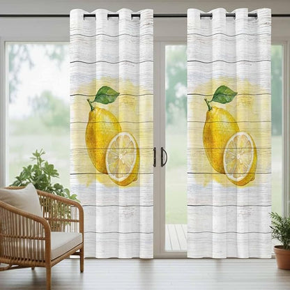 Lemons Yellow Summer Fruit Vintage Wood Outdoor Curtains for Patio Waterproof Outside Curtains with Grommet Top Weatherproof Curtain for Cabana Pergola Gazebo, 2 Pack, 54" W x 84" L