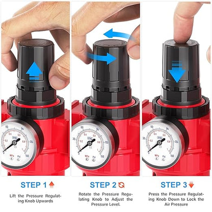TAILONZ PNEUMATIC 0-150PSI 1/4 Inch NPT Red Industrial Grade 5 Stage Air Drying System, Particulate Filter, Coalescing Filter, Three Desiccant Dryer and Air Regulator (Manual Drainage)