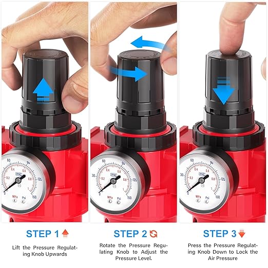 TAILONZ PNEUMATIC 0-150PSI 3/8 Inch NPT Red Industrial Grade 5 Stage Air Drying System, Particulate Filter, Coalescing Filter, Three Desiccant Dryer and Air Regulator (Manual Drainage)