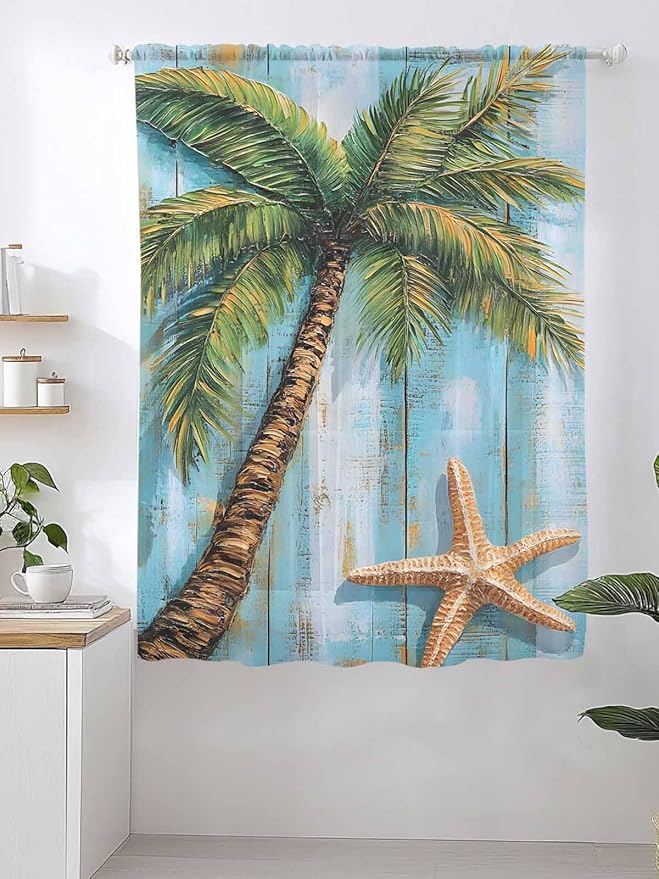 Sheer Curtains 72 Inches Long, Coastal Beach Tree Semi Sheer Curtains Light Filtering Window Treatment, Summer Tropical Starfish Wood Grain Privacy Voile Drapes for Living Room Bedroom 52x72 Inch