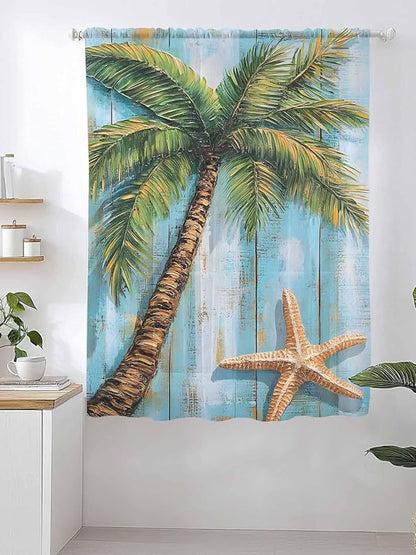 Sheer Curtains 72 Inches Long, Coastal Beach Tree Semi Sheer Curtains Light Filtering Window Treatment, Summer Tropical Starfish Wood Grain Privacy Voile Drapes for Living Room Bedroom 52x72 Inch