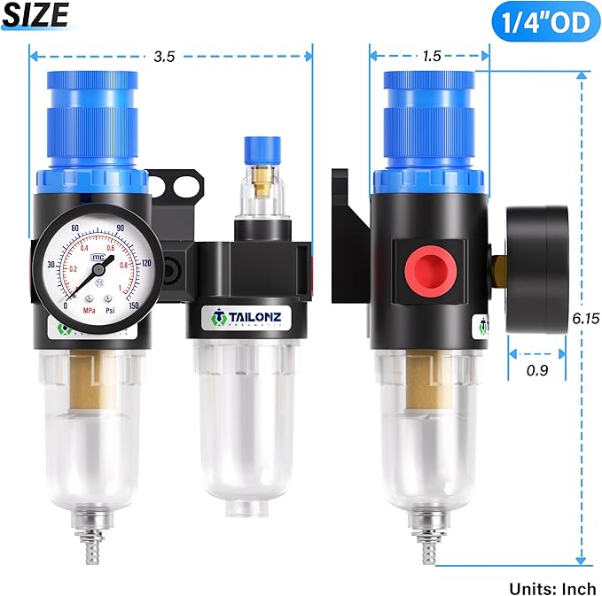 TAILONZ PNEUMATIC 1/4 Inch NPT AFC2000 Air Filter Pressure Regulator Kit（0-145 Psi）5 Micron Brass Element Air Tool Compressor Filter with Gauge and Lubricator Cup