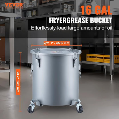 VEVOR Fryer Grease Bucket, 16 Gal Oil Disposal Caddy with Caster Base, Carbon Steel Rust-Proof Coating, Oil Transport Container with Lid, Lock Clips, Filter Bag for Hot Cooking Oil Filtering