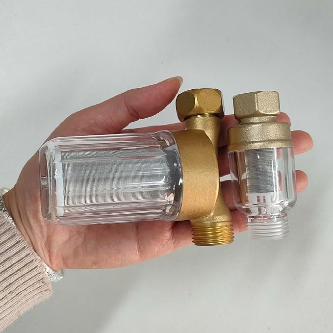 FA22 MINI Brass Sediment Filter, 50 Micron, Reusable Water Filter, Anti Scale, Anti Clothes Yellow, Traps Rust/Mud/Sand, Compact Portable