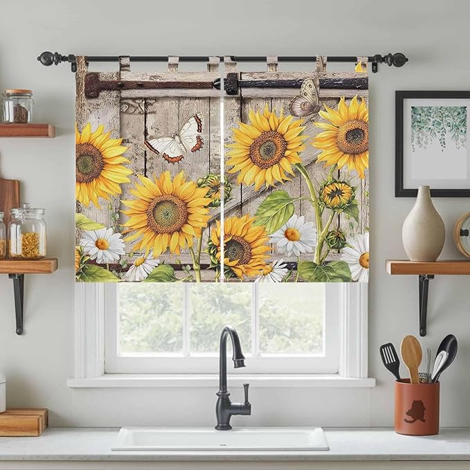 Farmhouse Sunflowers Kitchen Curtains 45 Inch Length, Short Cafe Window Curtains Tab Top, Rustic Barn Doors Flowers Butterfly Wooden Light Filtering Window Treatments Tier Drapes 27.5"x45" 2 Panel