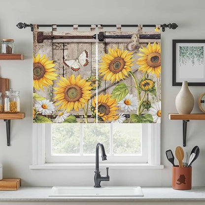 Farmhouse Sunflowers Kitchen Curtains 45 Inch Length, Short Cafe Window Curtains Tab Top, Rustic Barn Doors Flowers Butterfly Wooden Light Filtering Window Treatments Tier Drapes 27.5"x45" 2 Panel