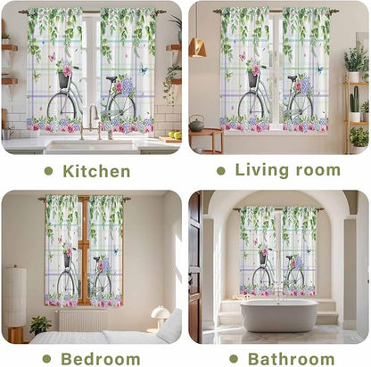 Spring Kitchen Curtains, Bicycles Botanical Leaves Rose Colorful Stripes Light Filtering Window Curtain Panels, 2Pcs Rod Pocket Window Treatments Set for Living Room Bathroom Bedroom 42x63 Inches