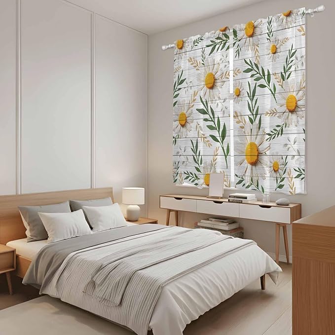 Spring Daisy Kitchen Curtains, Farmhouse Country Flower Leaf Plant Wood Grain Light Filtering Window Curtain Panels, 2Pcs Rod Pocket Window Treatments Set for Living Room Bathroom Bedroom 42x63 Inches