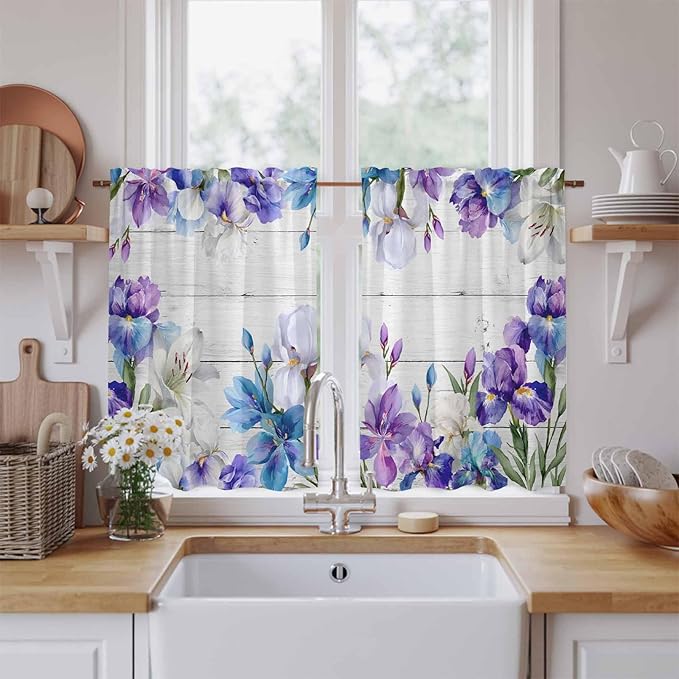 Spring Flowers Kitchen Curtains, Watercolor Garden Florals Wooden Grain Light Filtering Window Curtain Panels, 2Pcs Rod Pocket Window Treatments Set for Study Room Bathroom Bedroom 52x54 Inches
